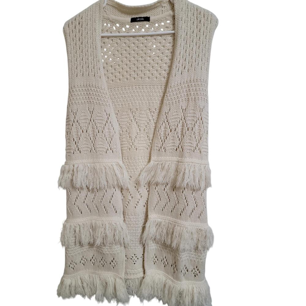 Amissima Ivory Fringe Crochet Bohemian Vest Sleeveless Acrylic Type U